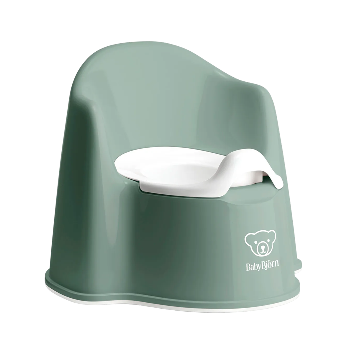 Green BabyBjorn toddler potty with white removable seat insert and small bear logo.