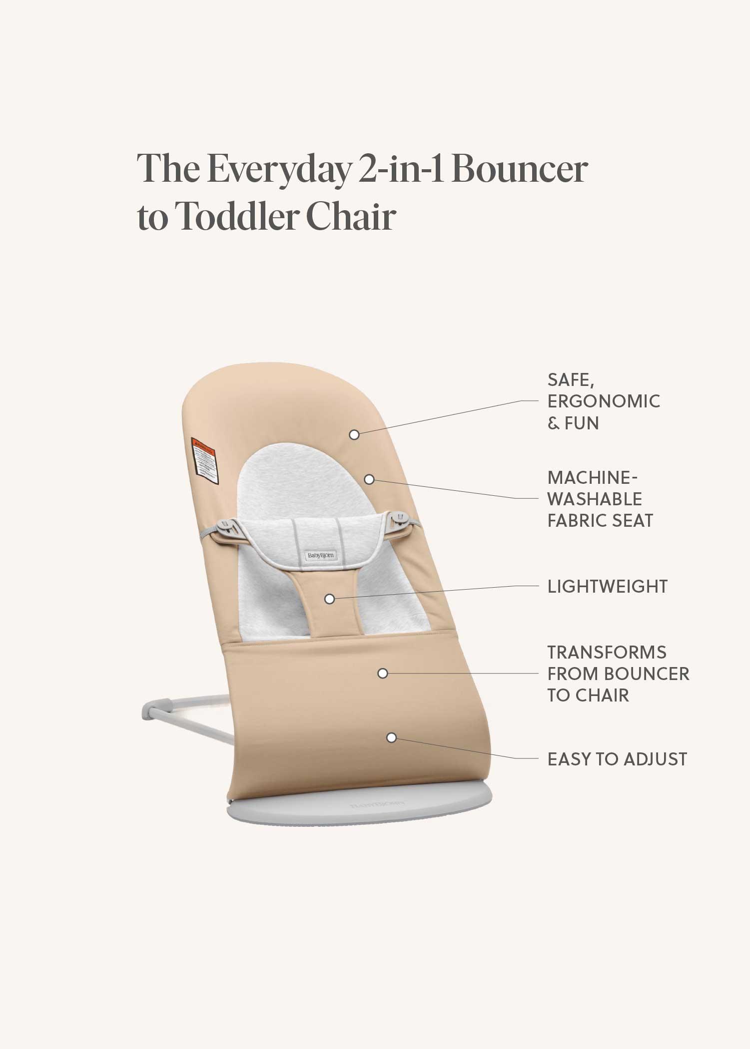 Beige baby bouncer with adjustable features, machine-washable fabric, and ergonomic design. Converts to toddler chair. Lightweight and easy to use.