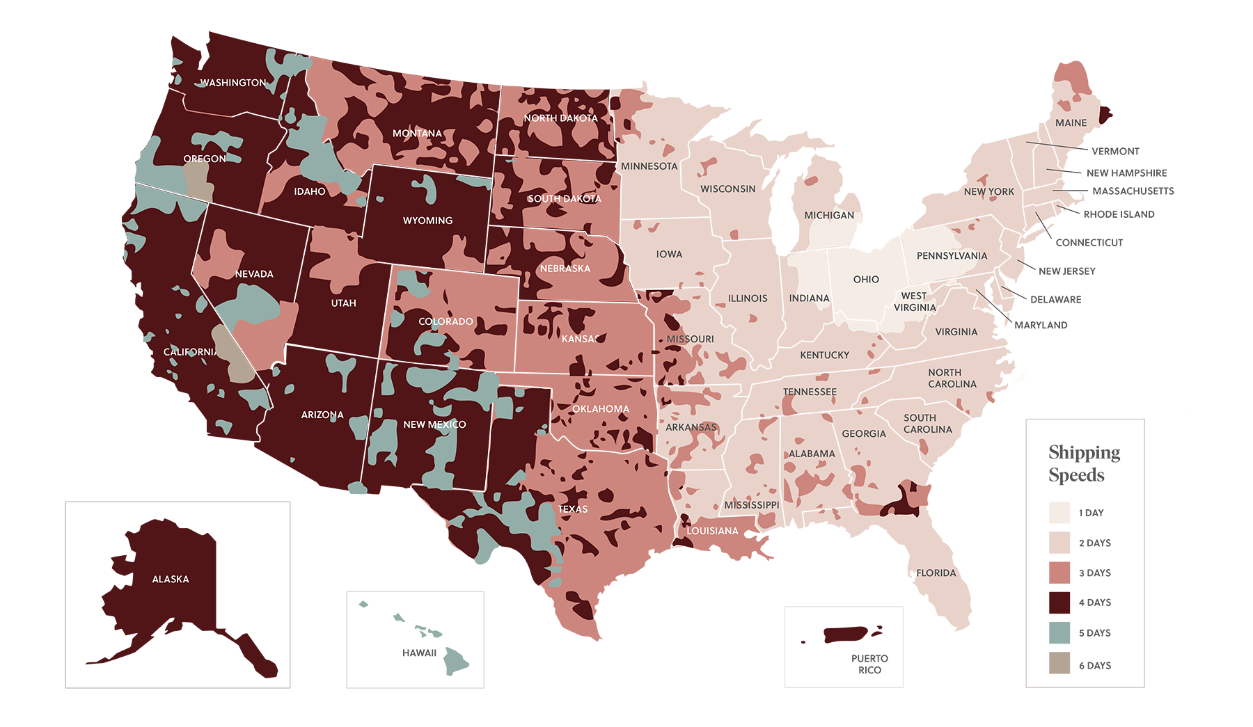 Map of the contiguous U.S. showing shade variations by regions, with detailed insets for Alaska and Hawaii.