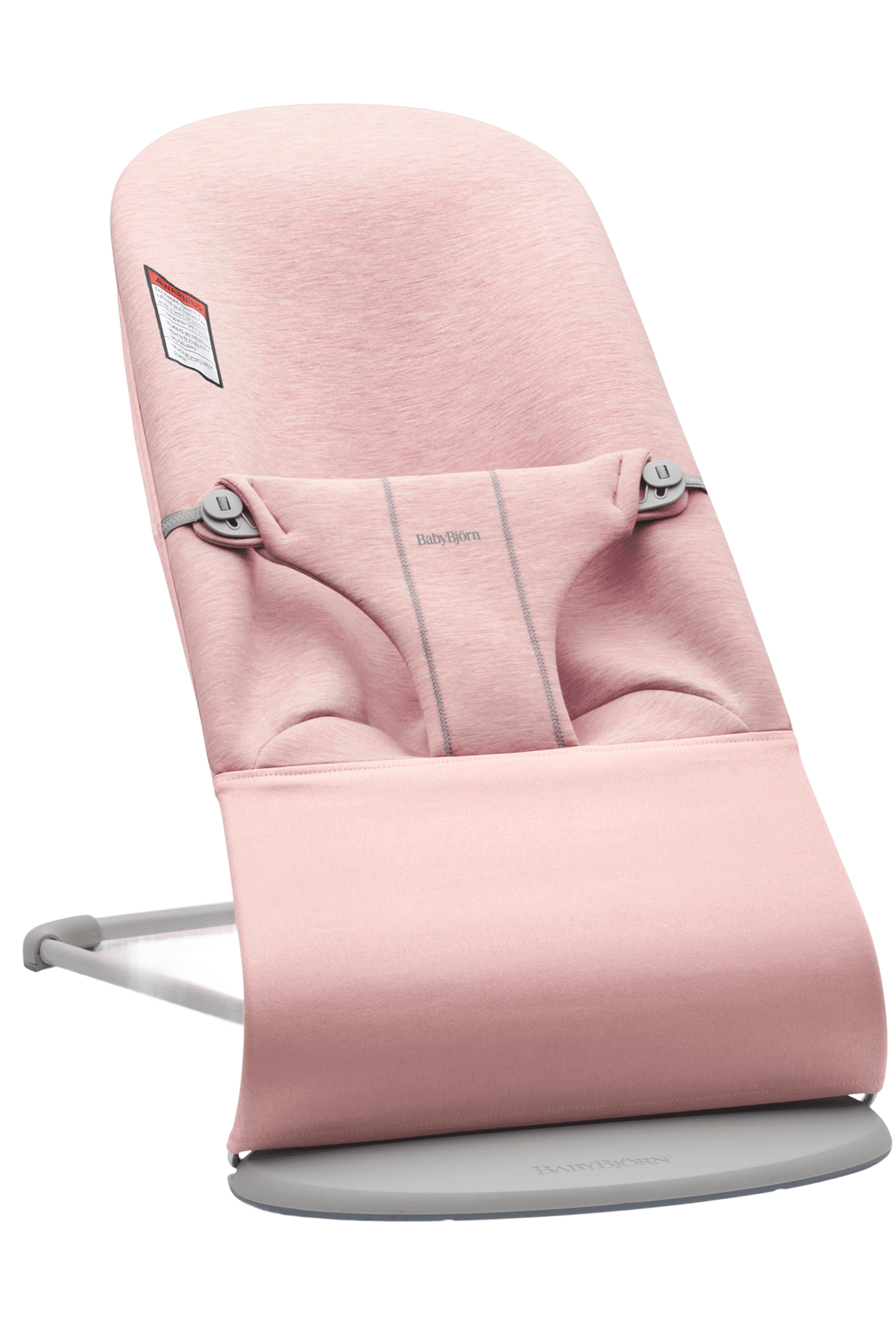 Pink baby bouncer with a sleek design, featuring a soft fabric seat, safety harness, and a sturdy gray base.